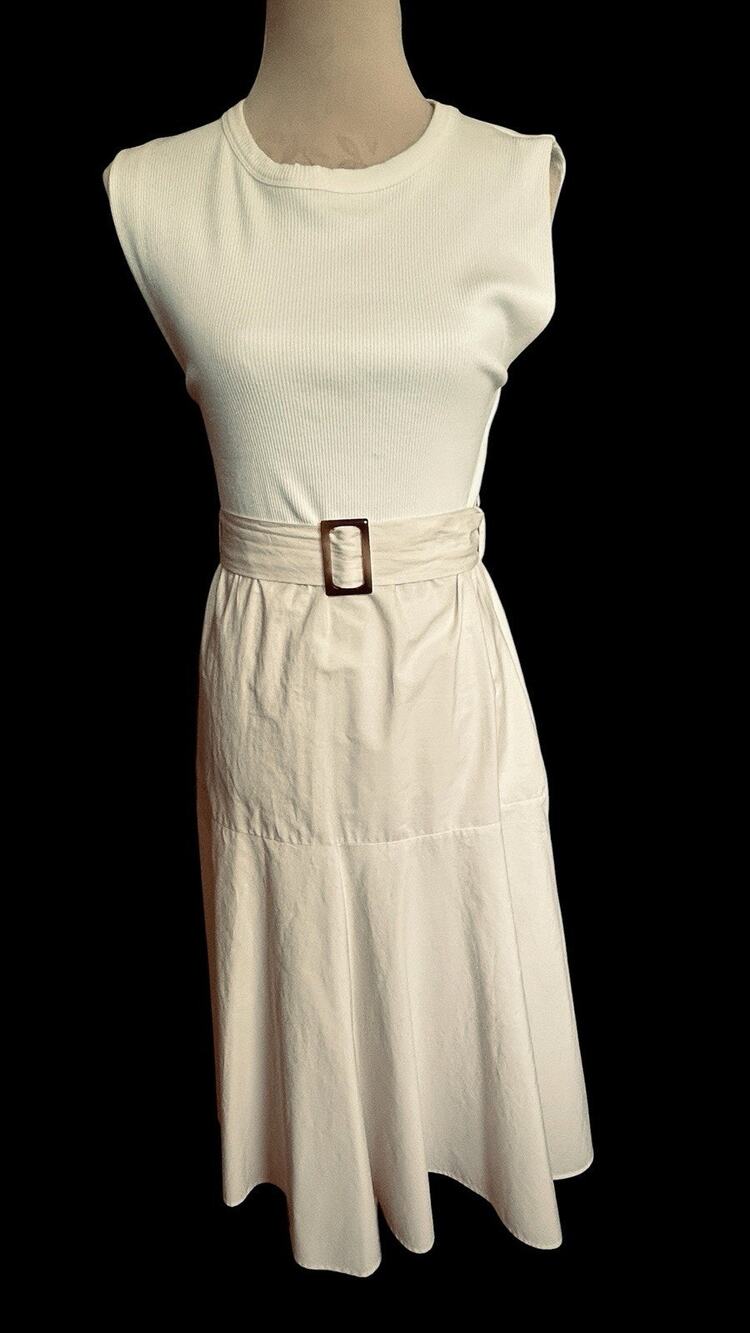 ZARA Women’s Ribbed Tank Midi Beige Cream Sleeveless Belted Fit & Flare Dress L